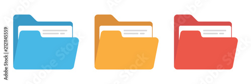 Folder icons with open and closed document folders for file organization, data storage, office management, and vector illustration