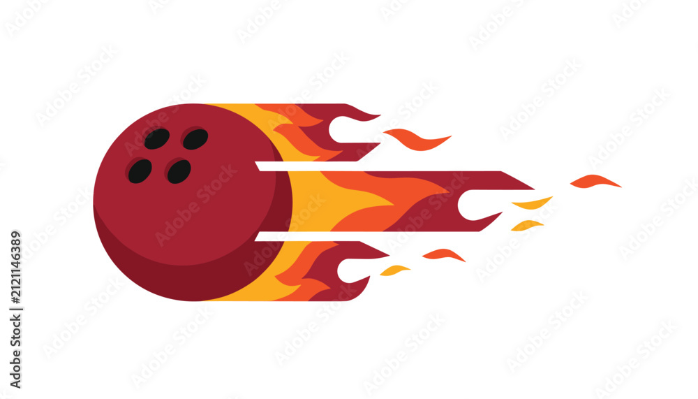 Naklejka premium Red bowling ball flying with bright orange and yellow fire flames representing speed and high energy.