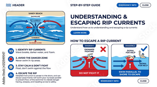 Принти на полотні Educational infographic explaining how to escape rip currents.