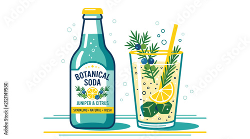 Konstfotografi Botanical soda bottle with garnished citrus cocktail glass.