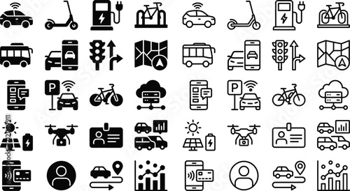 A comprehensive collection of black and white line art icons representing modern transportation urban mobility smart city technology and logistics services
