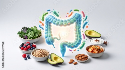 A vibrant arrangement of healthy foods promoting gut health and wellness, showcasing various nutritious ingredients.