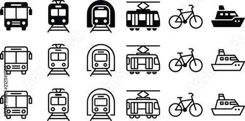 A collection of black and white transportation icons featuring buses trains trams bicycles and boats arranged in a neat grid pattern