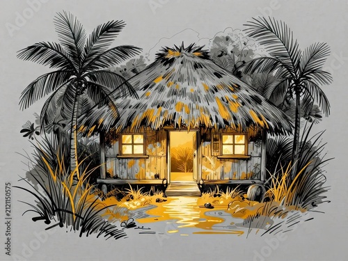 Bamboo hut with palm trees at sunset