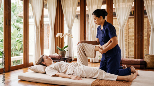 Traditional Thai Massage: A serene spa setting where a skilled practitioner provides a rejuvenating traditional Thai massage to a relaxed client on a comfortable mat, illuminated by natural light.