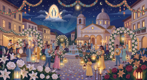 Festive Christmas celebration in a decorated town square. Community gathering with flowers, lanterns, and live music.