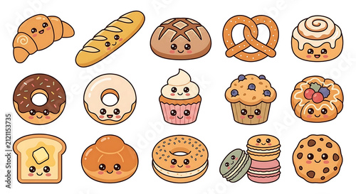 Cute Bakery Food Collection Kawaii Retro Vector Isolated on White Background