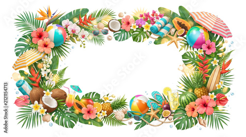 Tropical beach holiday border with palm leaves exotic fruits flowers and beach accessories isolated on transparent background.
