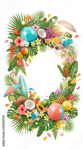 Vertical oval tropical frame featuring palm leaves exotic fruits surfboard and beach items isolated on transparent background.
