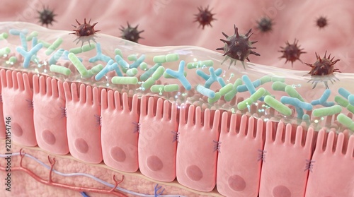 Detailed illustration of the human intestine showcasing microbiome with bacteria and immune cells interacting.