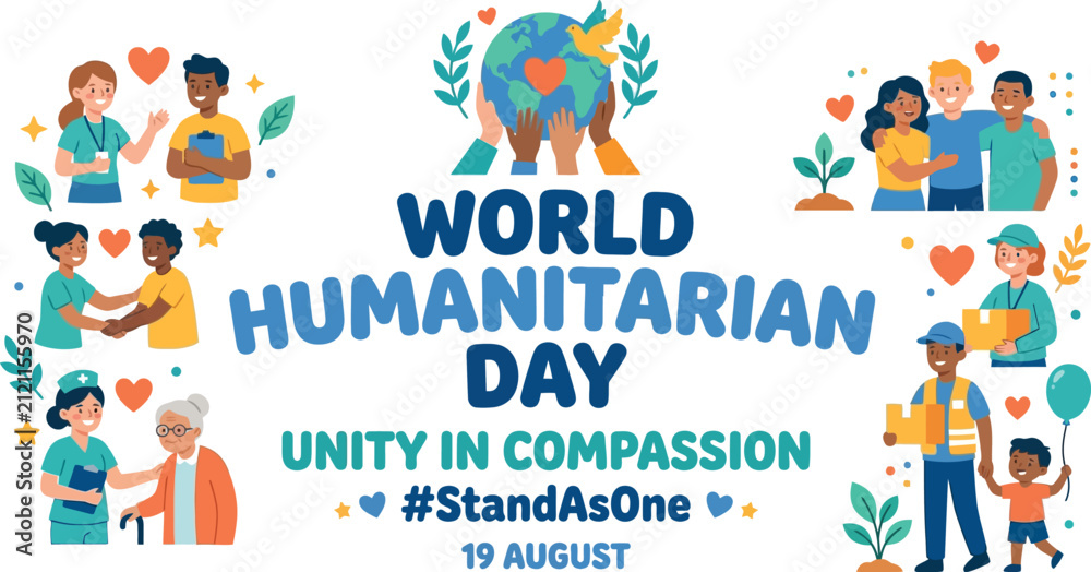 Fototapeta premium World Humanitarian Day Banner with Volunteers and Healthcare Workers