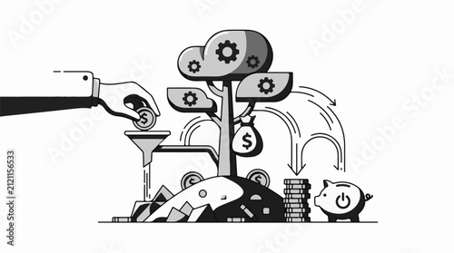 A hand deposits coins into a funnel to grow money with arrows leading to piggy bank