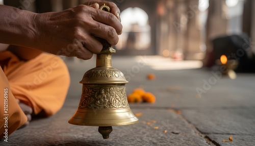 Detail of traditional brass bell ringing in the hands of a Hindu monk during the sacred Ratha Yatra festival worship ritual for spiritual lifestyle concept