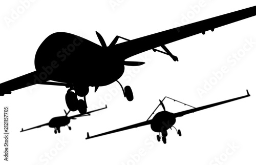 Silhouette of military combat drones on white background