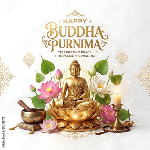 Buddha Purnima festival greeting card. Golden Buddha statue with lotus flowers and candles.