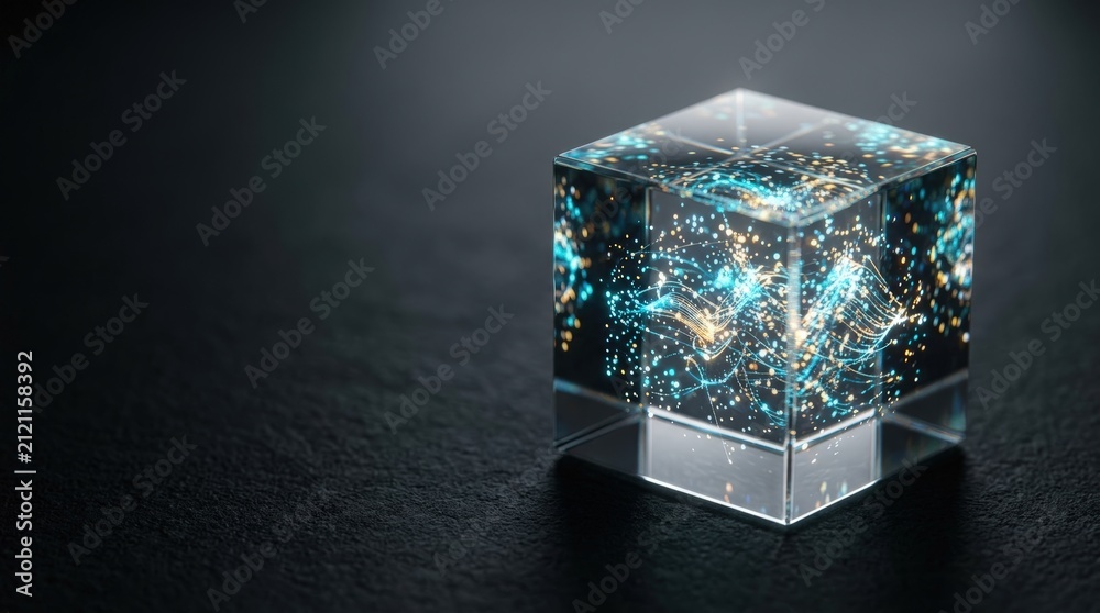 Obraz premium Luminous data particles swirling inside transparent glass cube
