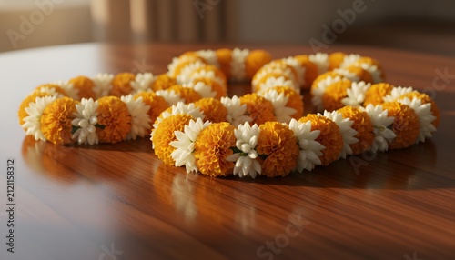 Close up of vibrant marigold and jasmine flower garlands arranged on a wooden table for traditional Ratha Yatra Hindu festival celebration concept