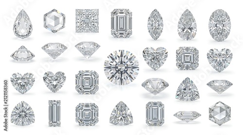 Collection of various diamond cuts on a white background with precious stone