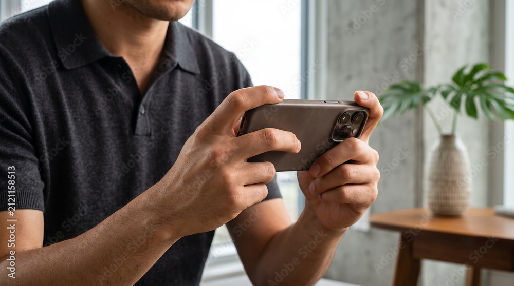 Fototapeta premium Close-up of a young tan-skinned man in a black polo playing a mobile game on a smartphone at home, ideal for gaming apps, technology, digital entertainment and lifestyle design.