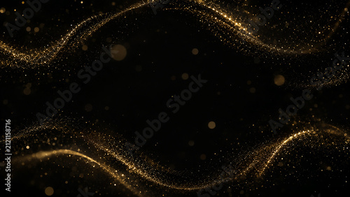 Elegant luxury gold glitter wave on dark black background with bokeh. Abstract glowing magic dust particles frame template with copy space for award, festive banner or invitation design.