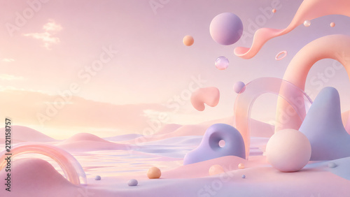 Modern 3D abstract landscape background for product placement. Features floating pastel spheres, organic forms, transparent glass arch, and rippling water. Clean minimalist design.