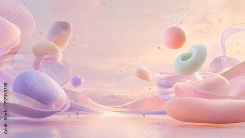 Modern 3D abstract landscape background for product placement. Features floating pastel spheres, organic forms, transparent glass arch, and rippling water. Clean minimalist design.