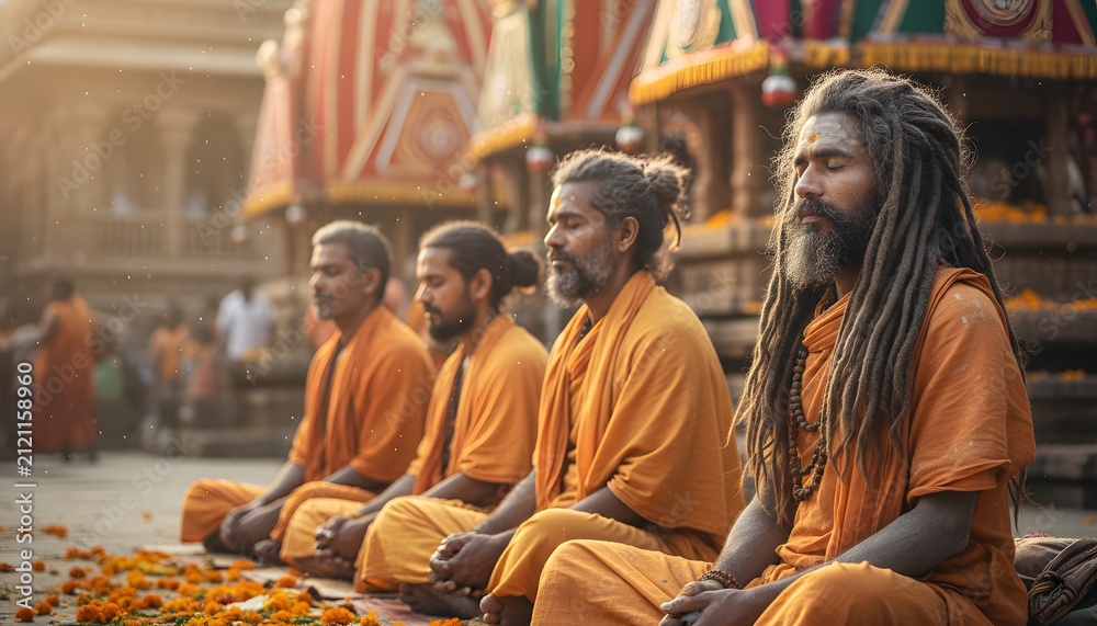 Fototapeta premium Group of Indian holy men with dreadlocks and ash sitting peaceful in deep meditation during traditional Ratha Yatra festival for spiritual lifestyle concept