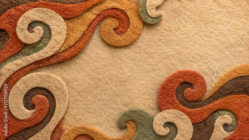 Traditional Kyrgyz felt ornament in warm earthy colors with natural wool texture and central copy space, ideal for cultural banners, ethnic branding, invitations and tourism designs.