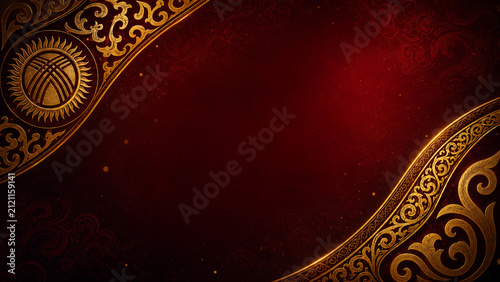 Luxury dark red background with glowing golden ethnic ornaments and elegant copy space, ideal for invitations, certificates, festive banners and premium traditional designs.