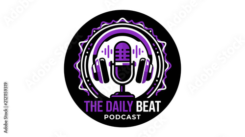 Bild auf Leinwand Round podcast logo with microphone and headphones