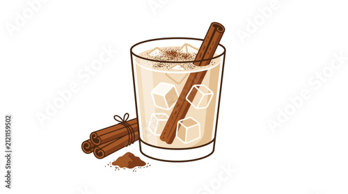 Iced beverage with cinnamon sticks.