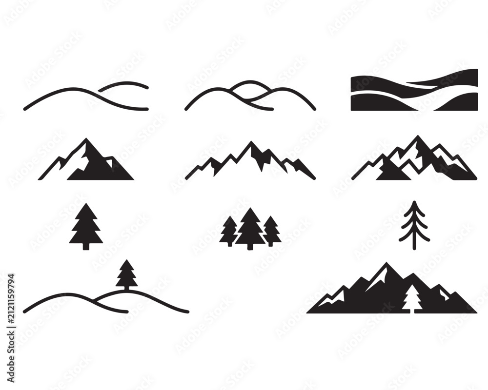 Fototapeta premium Collection of mountain landscape and pine tree silhouette icons