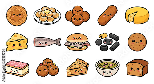 Cute Netherlands Food Collection Kawaii Retro Bold Line Vector Isolated on White Background