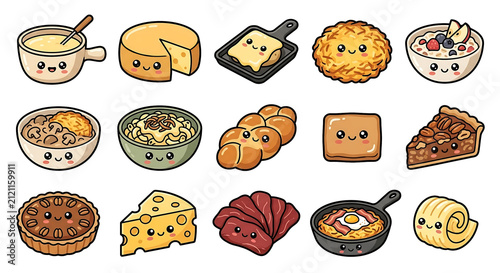 Cute Switzerland Food Collection Kawaii Retro Bold Line Vector Isolated on White Background