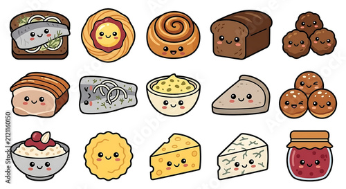 Cute Denmark Food Collection Kawaii Retro Bold Line Vector Isolated on White Background