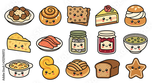 Cute Sweden Food Collection Kawaii Retro Bold Line Vector Isolated on White Background