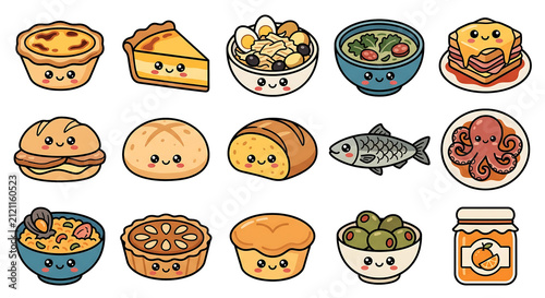 Cute Portugal Food Collection Kawaii Retro Bold Line Vector Isolated on White Background