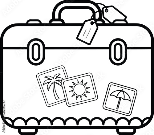 Foto Vintage style travel suitcase with summer vacation stickers featuring tropical p