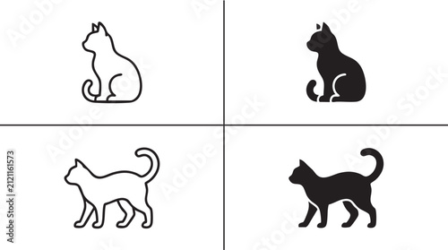 Set of minimalist cat icons in silhouette and outline.