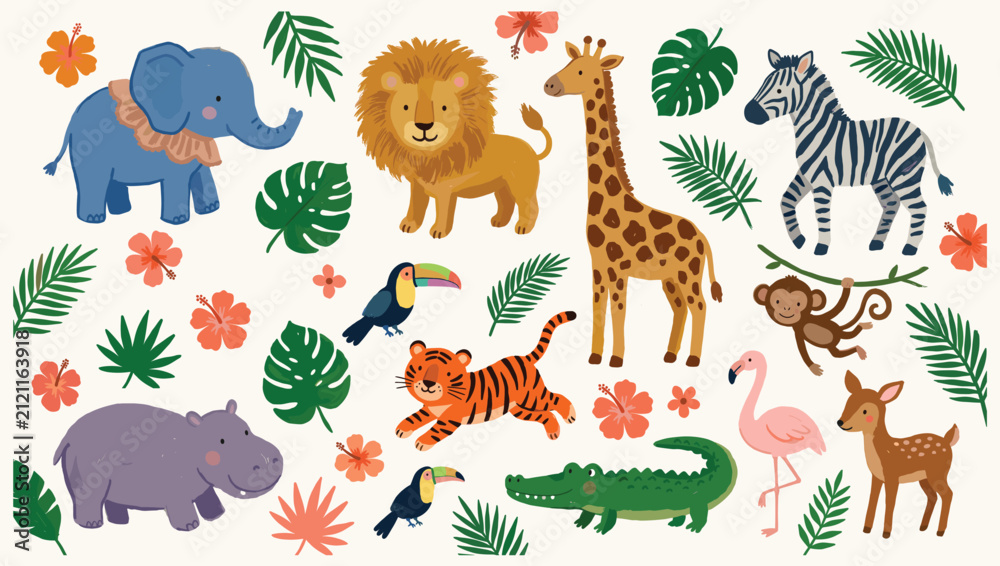 Fototapeta premium Colorful jungle safari collection featuring elephant, lion, giraffe, zebra, tiger, flamingo, and crocodile.