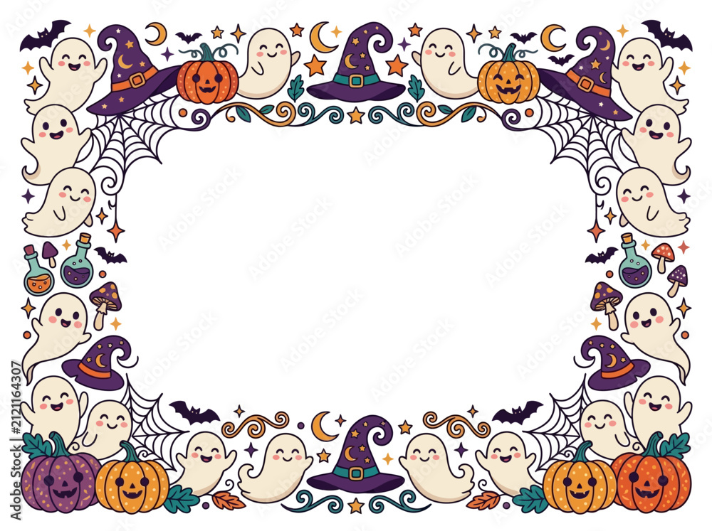Fototapeta premium Cute Halloween Cartoon Border Illustration with Ghosts Pumpkins and Witch Hats Around Blank Copy Space