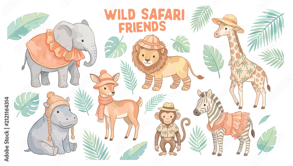 Obraz premium Wild safari friends featuring elephant, lion, giraffe, deer, monkey, zebra, and tropical foliage.