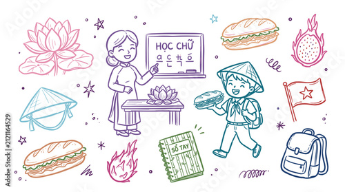 Vietnamese cultural elements, teacher, student, banh mi, lotus, and conical hat, are beautifully illustrated in a vibrant doodle style.