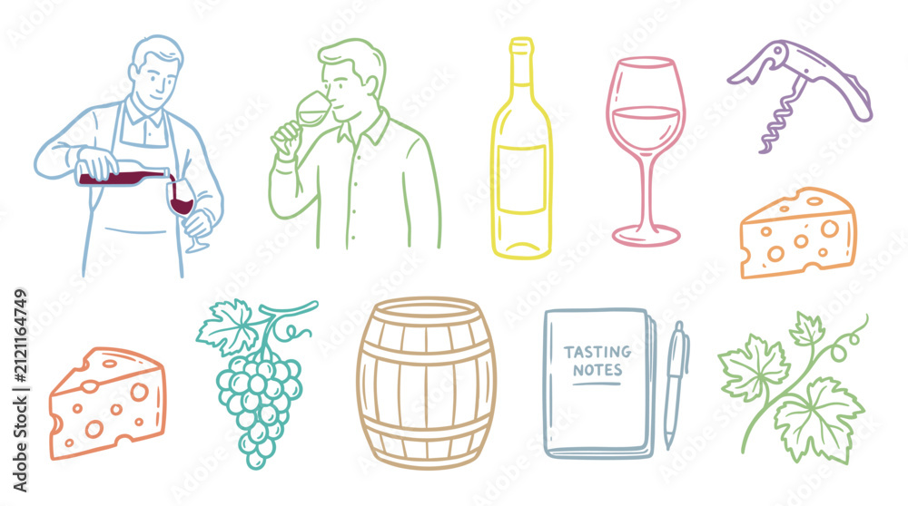 Obraz premium Wine tasting elements and related objects are depicted in a vibrant collection of hand-drawn outline illustrations, perfect for beverage and culinary themes.