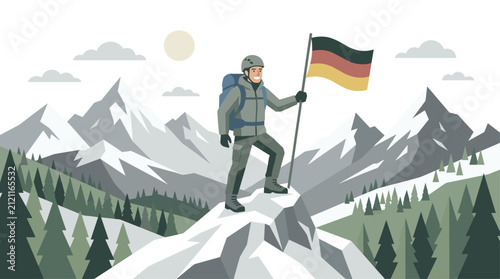 Climber on mountain summit holding German flag vector illustration