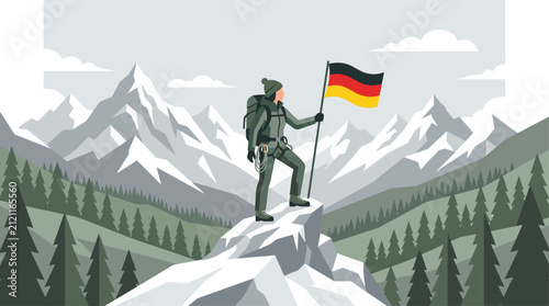 Climber on mountain summit holding German flag vector design