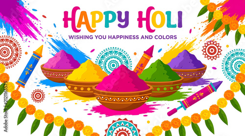 Happy holi wishing you happiness and colors banner with bowls of gulal and water guns.