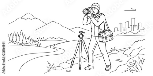 A black and white line drawing of a land surveyor working with professional equipment in a field