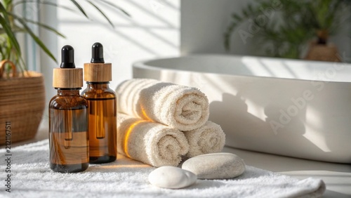 Spa background with cosmetic bottles and towels