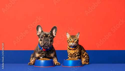 French bulldog and Bengal cat sitting behind blue pet food bowls on a bright orange studio background. Ideal for pet nutrition, veterinary, packaging and advertising designs.
